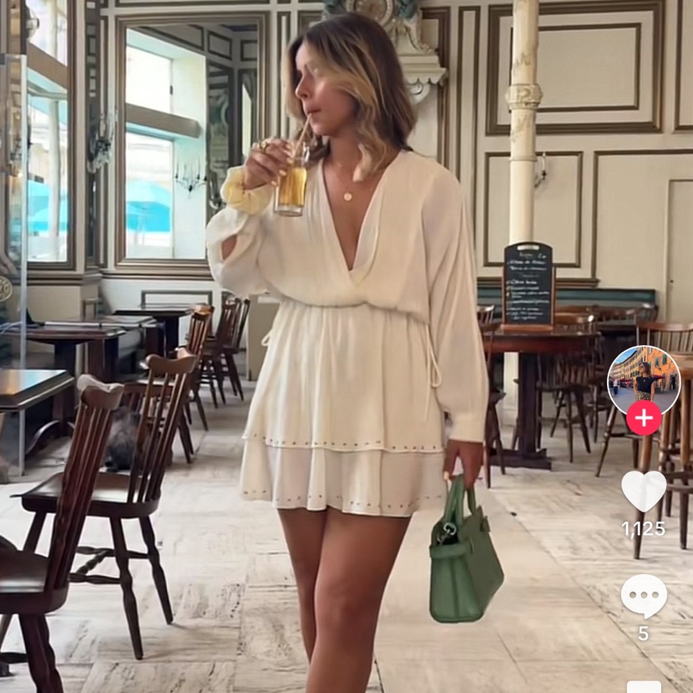Zara Cream V-Neck Tiered Mini Dress